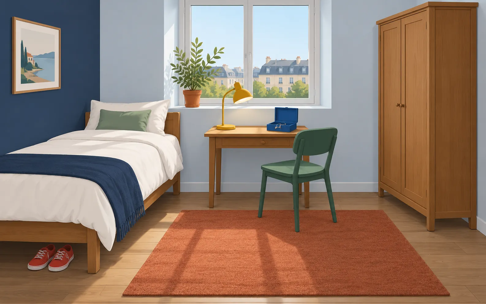 A tidy small bedroom viewed from the open front wall, slightly above eye level. A single bed stands along the left wall. A pair of red shoes is fully visible be