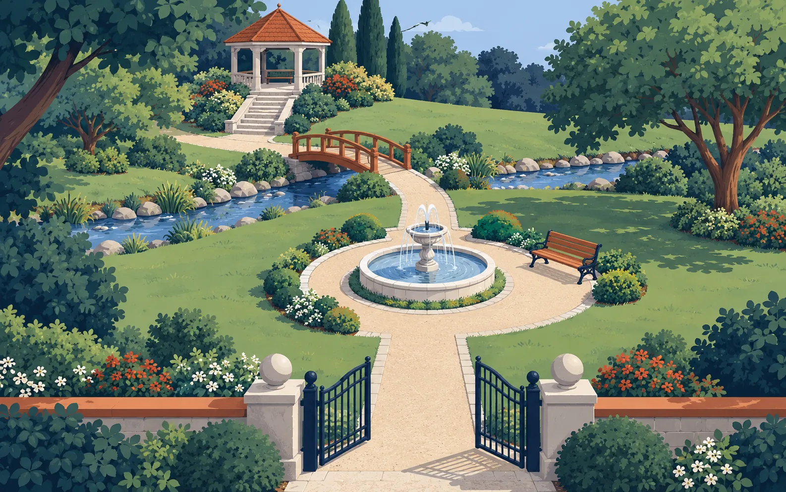 A small park seen from above at a gentle angle. At the bottom is an open iron entrance gate. A path leads straight to a round fountain at the centre. Immediatel