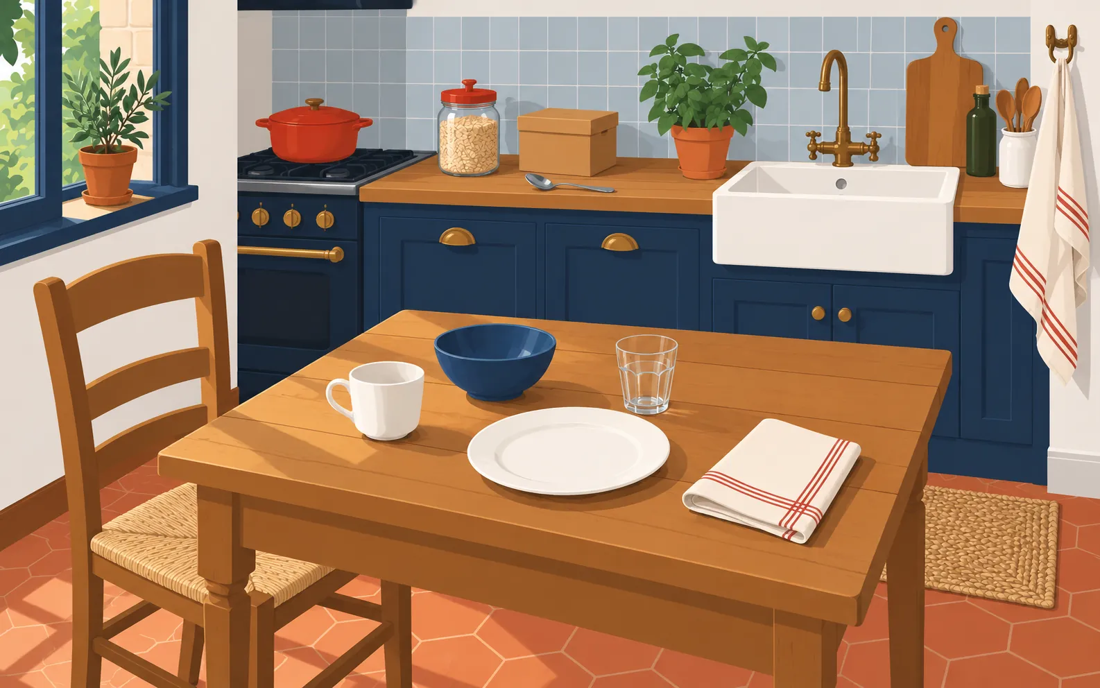Una cocina pequeña acogedora vista desde un poco más arriba. Una mesa de madera tiene una taza blanca con asa junto a un cuenco azul, un vaso transparente, un plato y una servilleta doblada.