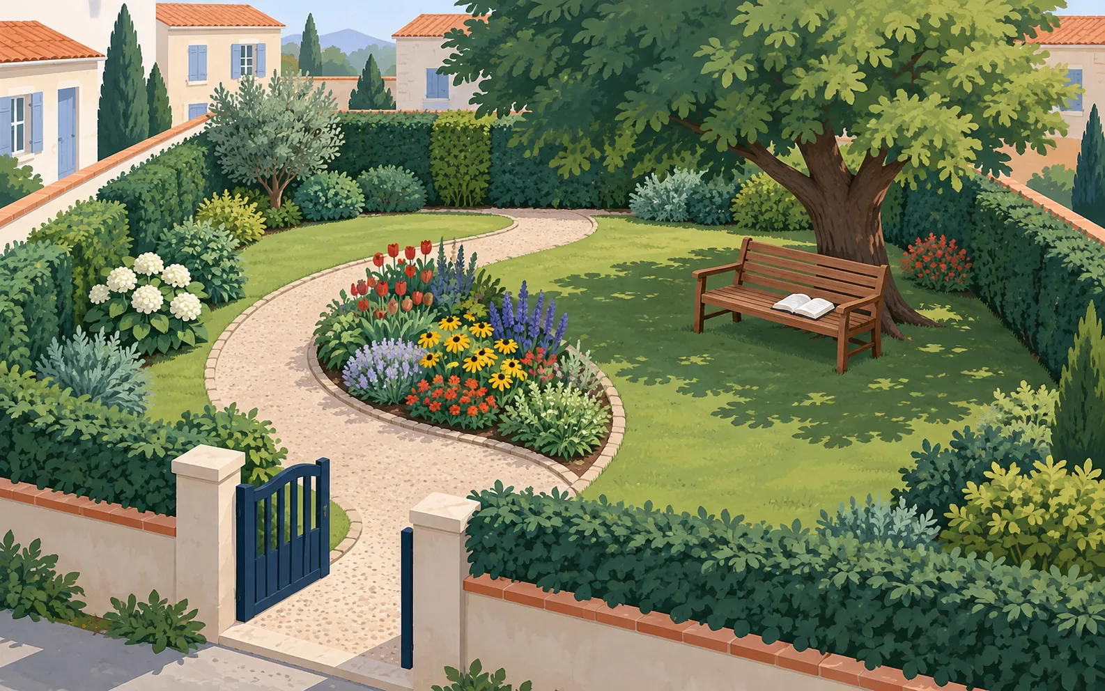 A small quiet public garden near homes, viewed from slightly above. A wooden bench sits in the shade of a leafy tree. An open book rests on the bench. A path le