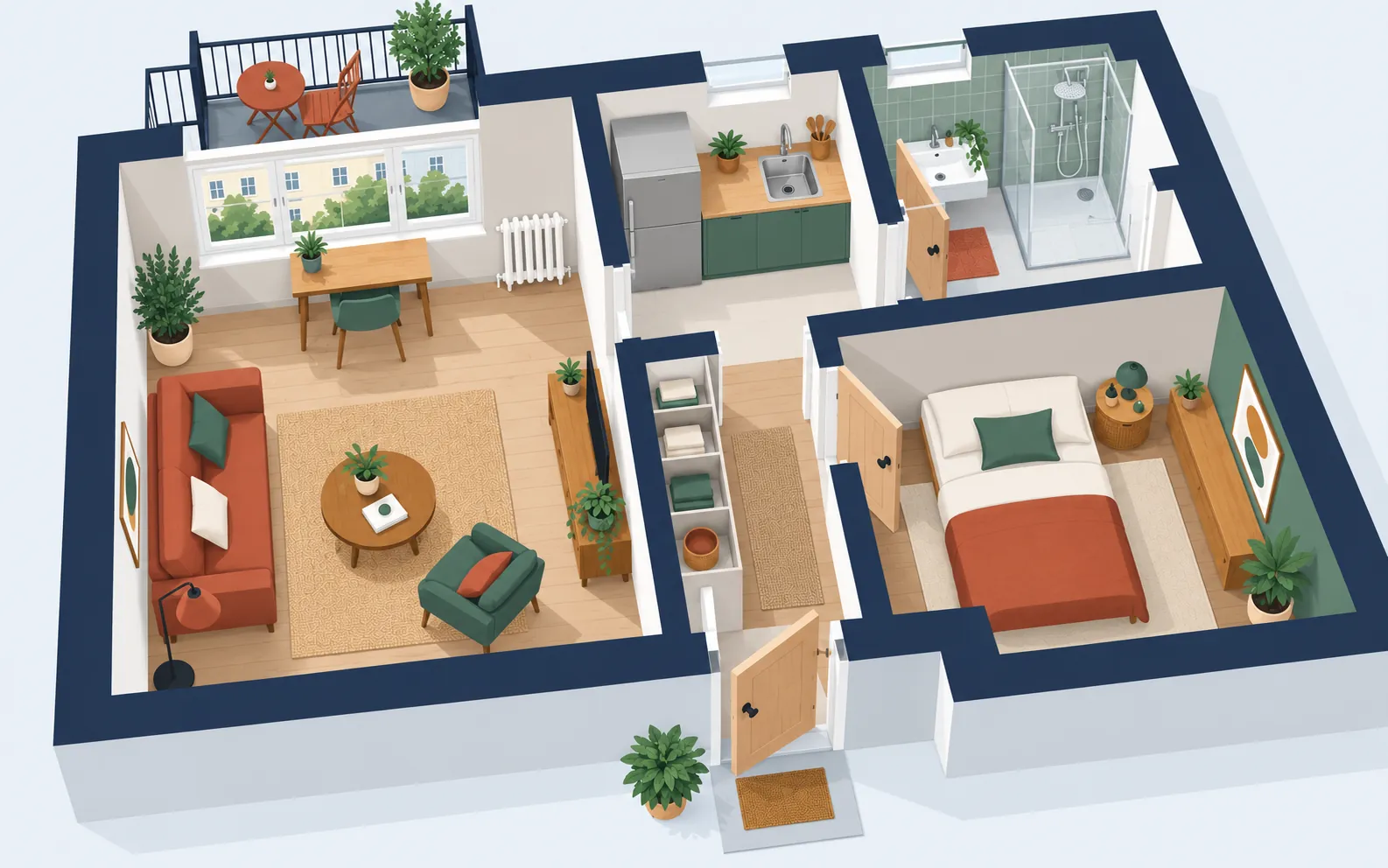 A bright compact French flat shown as a roofless cutaway from slightly above. A living area contains a wooden desk directly beneath a large courtyard-facing win