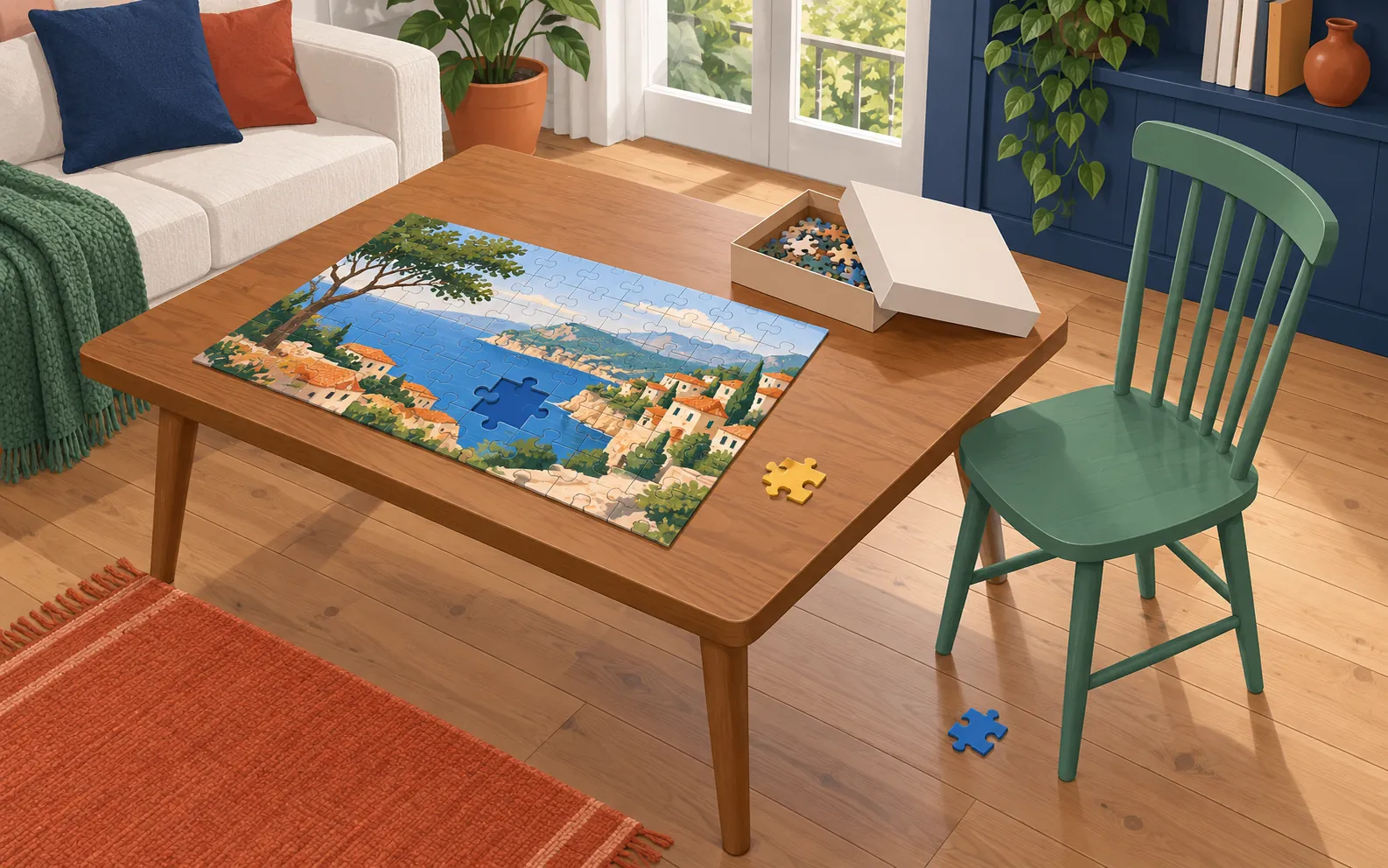 A bright living room seen from slightly above. A wooden table holds an almost completed jigsaw with one blue gap, one separate yellow jigsaw piece and a small o