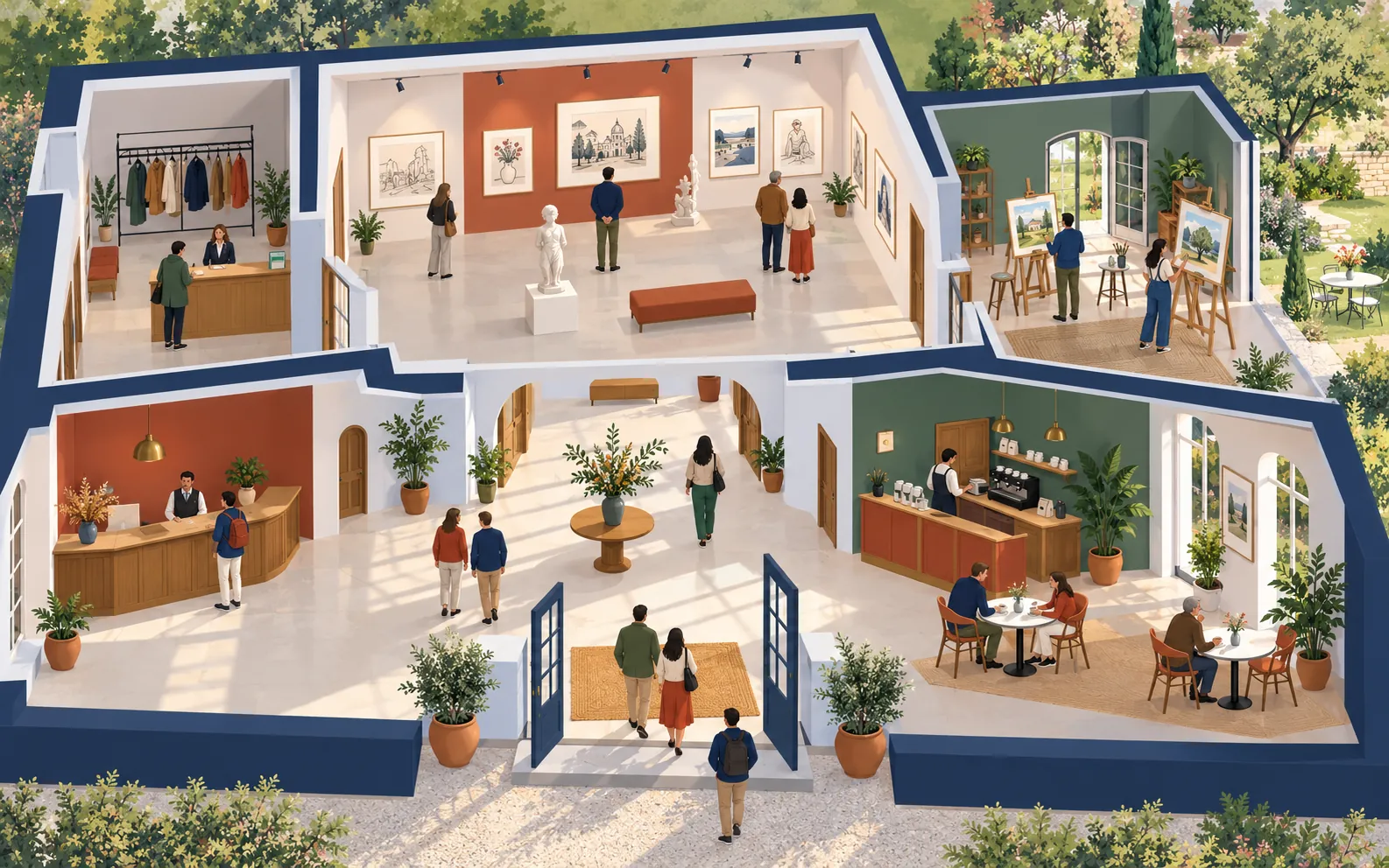 A welcoming French cultural centre shown in a clear cutaway view: an entrance hall with a ticket counter beside it, a cloakroom with coats, a large exhibition r
