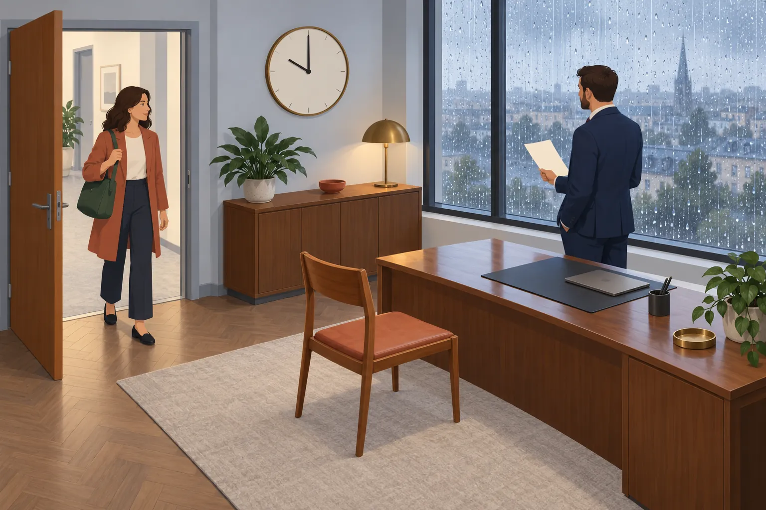 An office during a rainy morning, viewed from slightly above. One female visitor has just come through an open door. A male director stands beside a large rain-