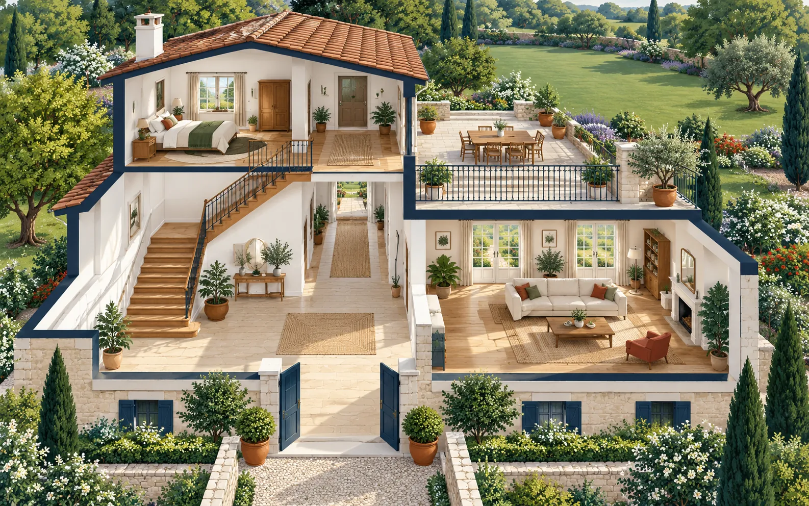 An inviting two-storey French house shown as a clear architectural cutaway from slightly above. On the ground floor a broad front door opens into a wide hall an
