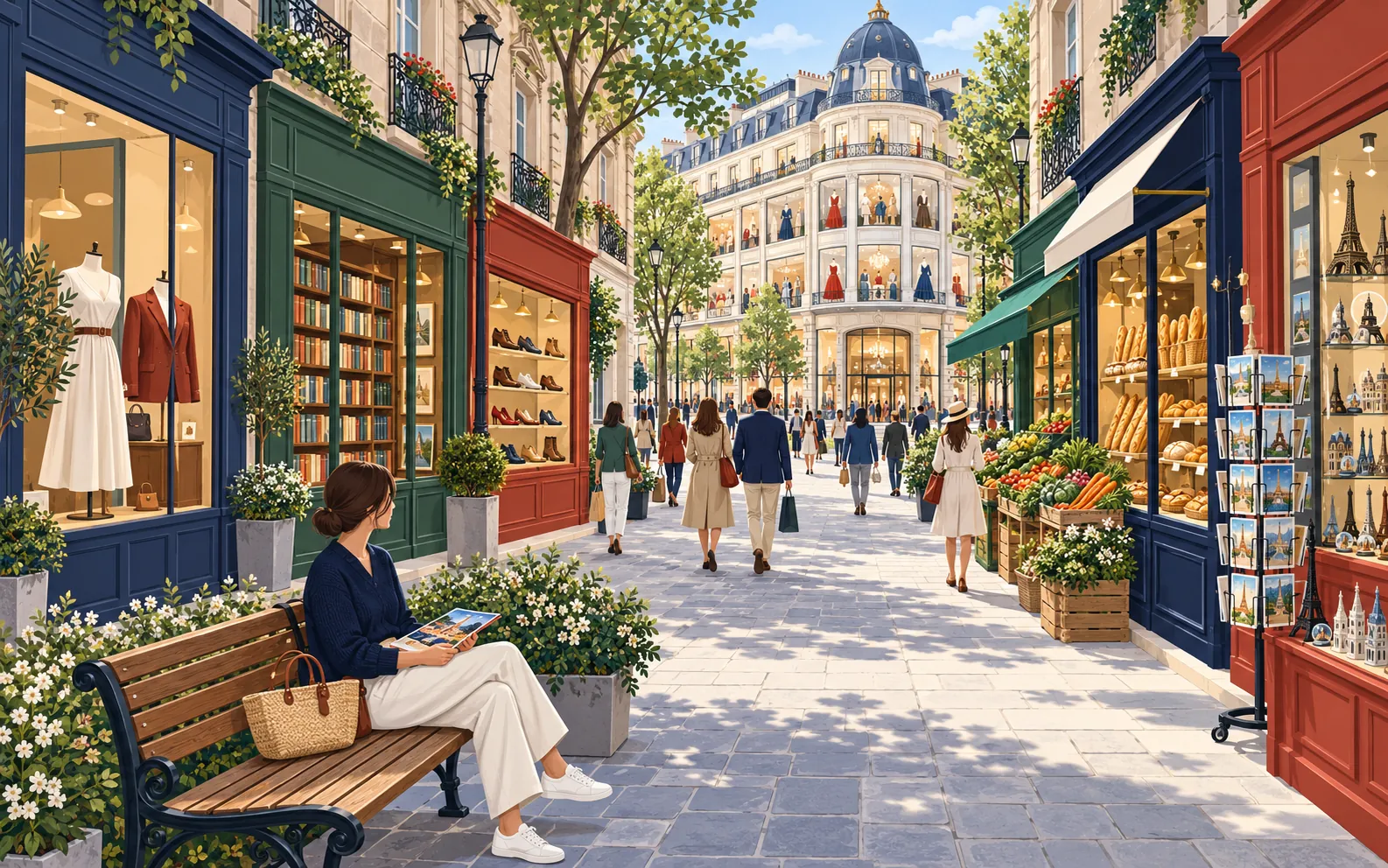 A pedestrian French shopping street seen from slightly above. On the left are a small clothing boutique with a dress in the window, a bookshop displaying books