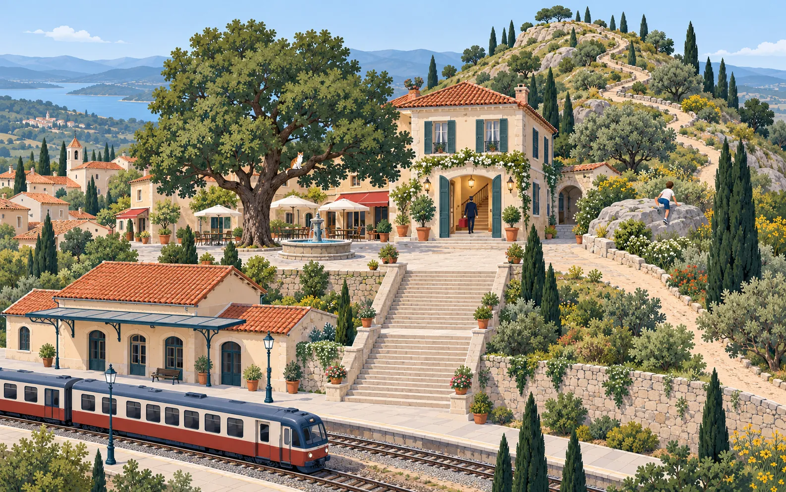 Un pequeño pueblo francés en una ladera, de día y visto desde un poco más arriba. Abajo hay una estación de tren con un tren corto junto al andén. Unas escaleras de piedra suben desde la plaza hacia el hotel.
