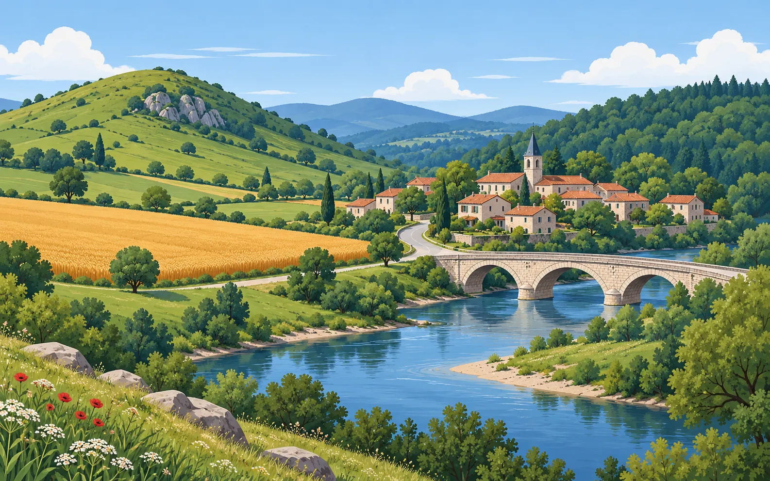 A wide daytime view across a green valley in rural France, seen from a low hillside. A river curves past a village of stone houses with red tiled roofs. An arch
