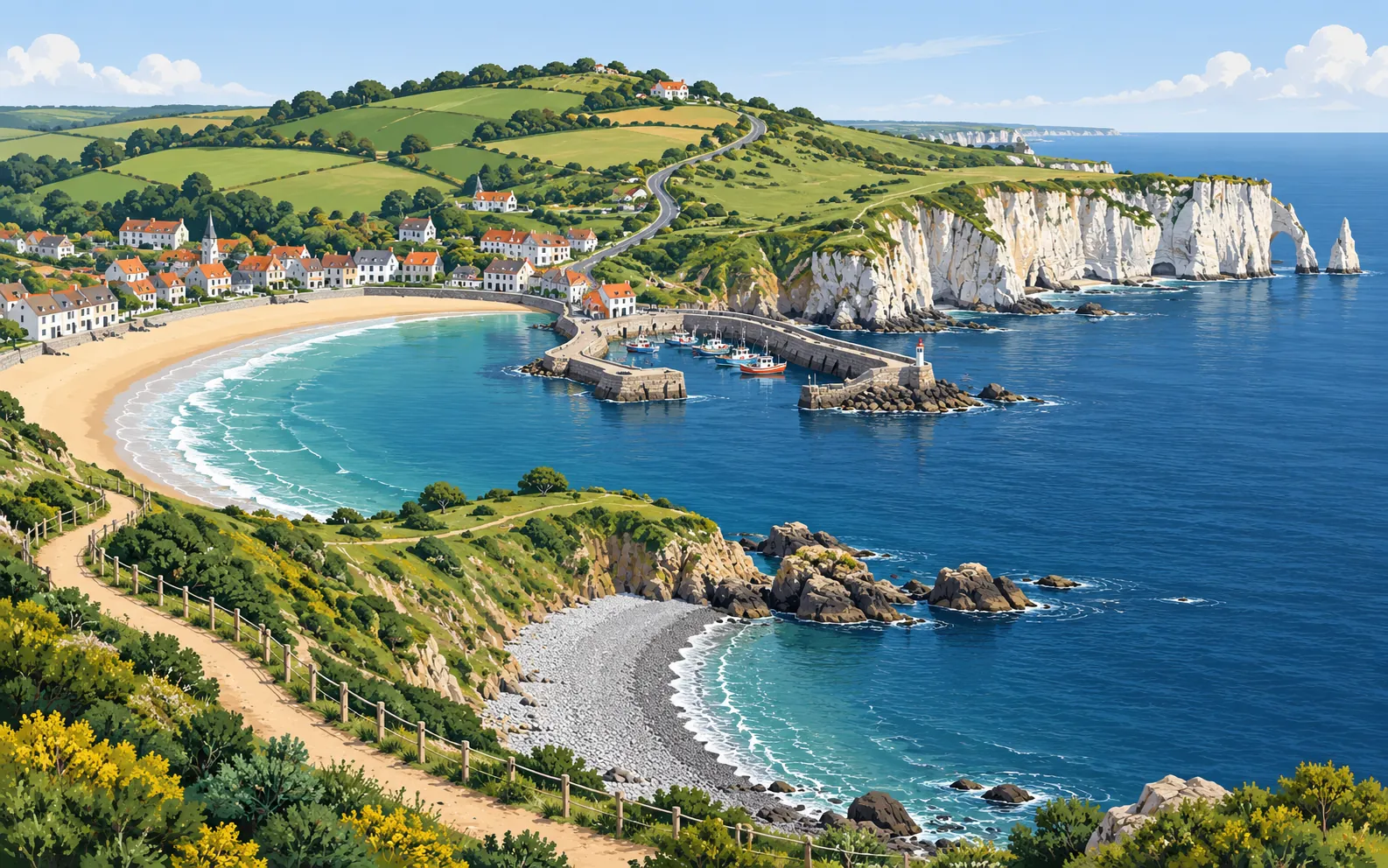 An elevated view of a curved stretch of coast with a sandy beach on the left, a separate pebble beach, white cliffs on the right, a small harbour with fishing b