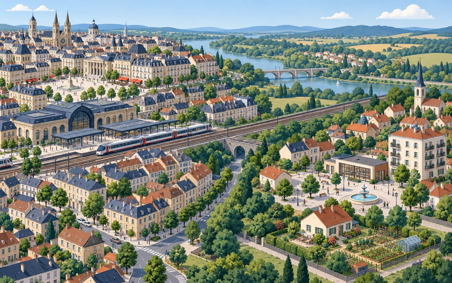 A wide illustrated panorama from slightly above. On the left is a central city with a dense cluster of stone buildings, a central square and a railway station a