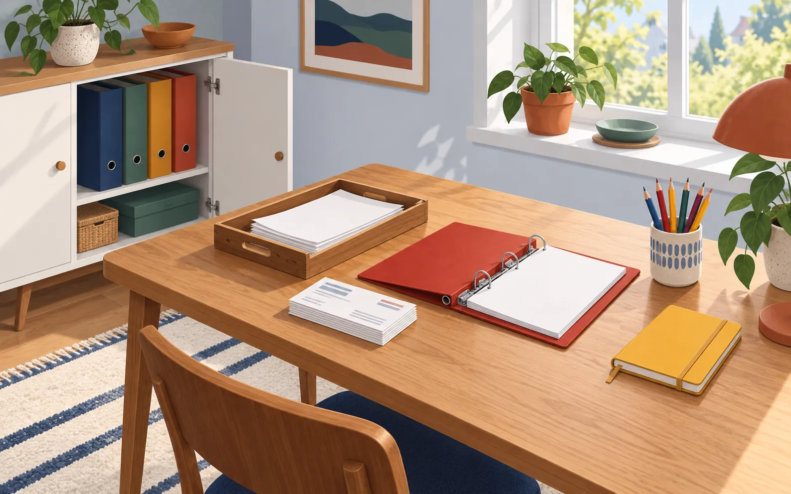 A bright home study viewed from slightly above. On a wooden desk are a shallow tray of loose papers, a small separate pile of bills, a red ring binder, a pencil