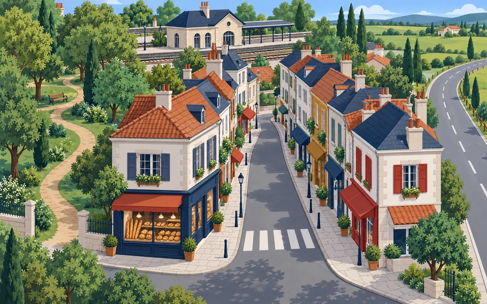A small French town seen from above at a gentle angle. A narrow street lined with attached shops runs through the centre; a bakery with bread visible in its win