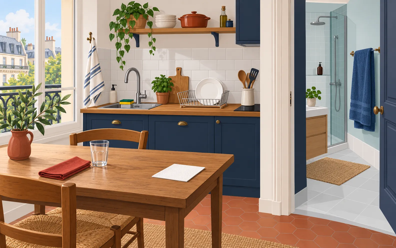 Ilustración clara en corte de un pequeño departamento francés con cocina abierta y comedor a la izquierda, y baño contiguo a la derecha. En la cocina, un paño a rayas.