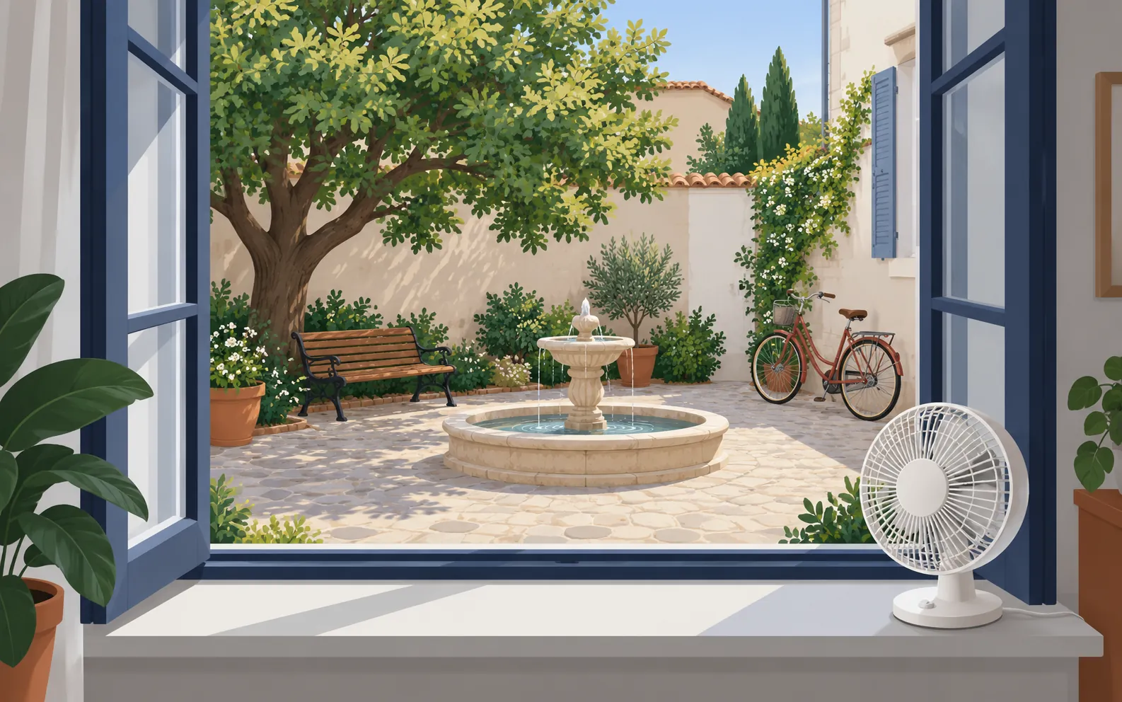 A peaceful small apartment courtyard in daylight, viewed through an open living-room window. A stone fountain trickles in the centre. A wooden bench stands unde