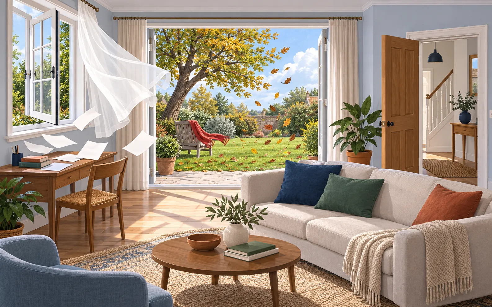 A bright ground-floor sitting room seen in a wide cutaway view, opening onto a small garden on a windy day. A left-hand casement window is open, with a light cu