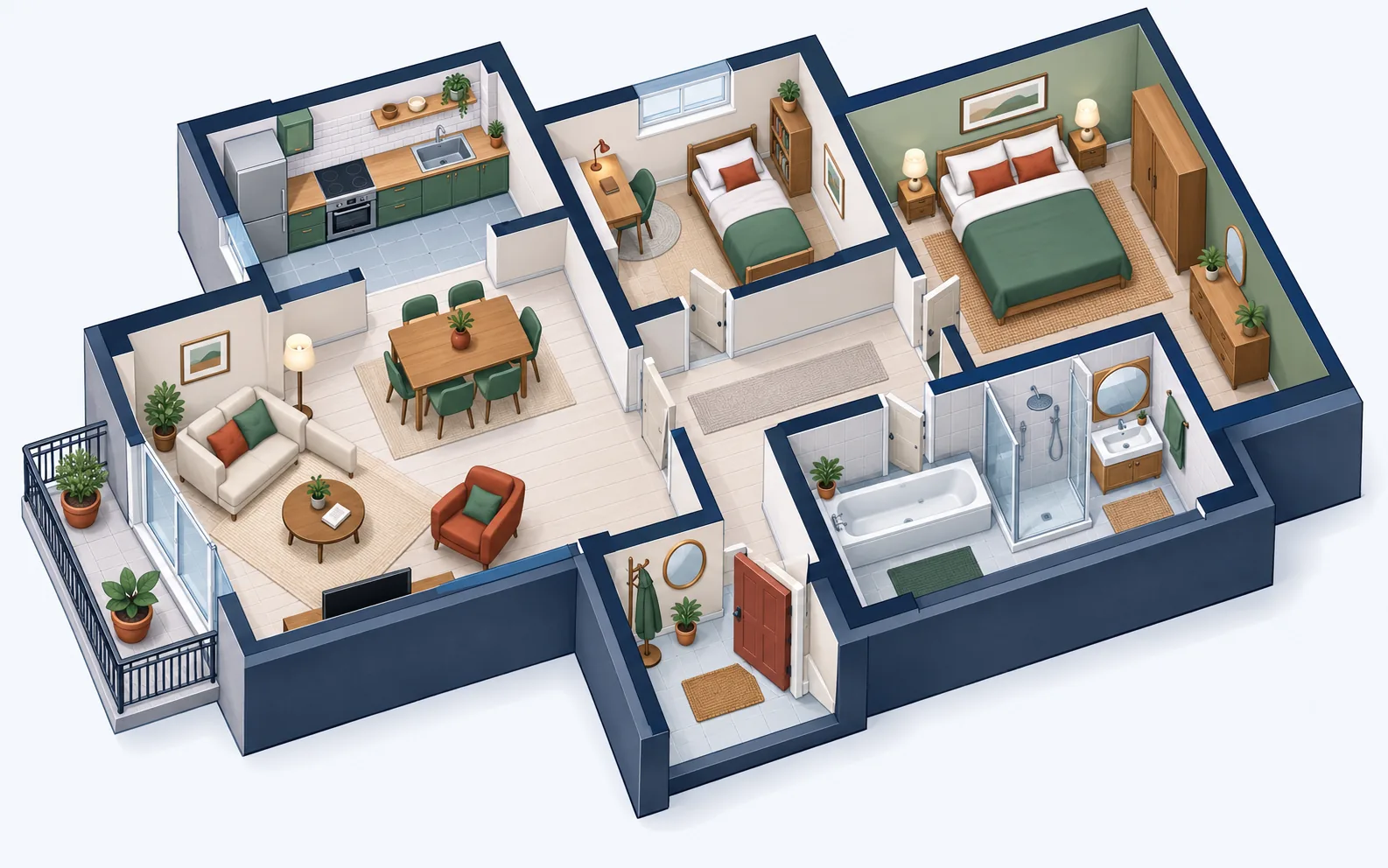 Cutaway illustration of a French flat seen from above: living room with sofa and armchair, dining table, kitchen, two bedrooms, bathroom with bath and shower, entrance hall, corridor and a balcony with plants.