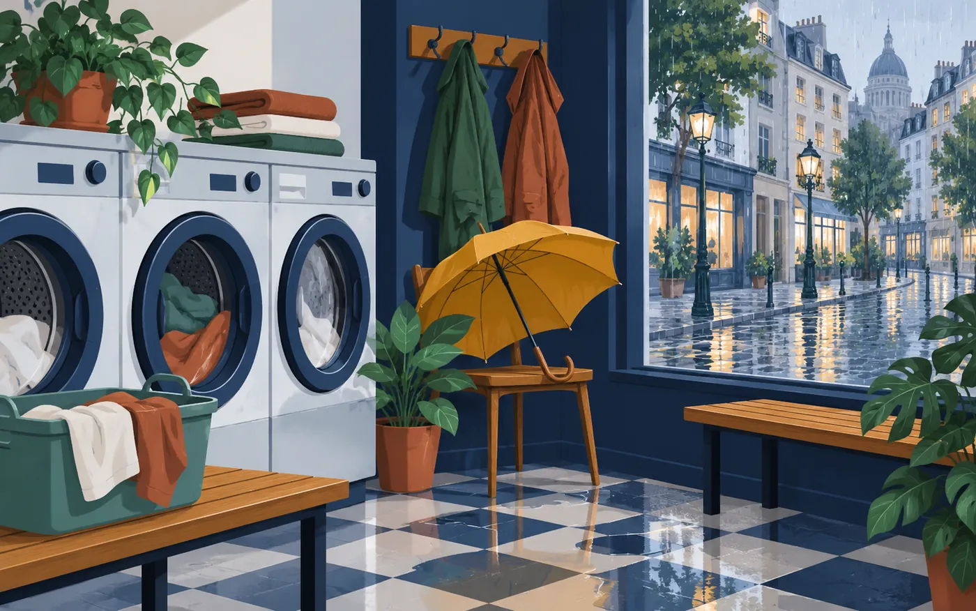 An ochre umbrella on a chair inside a Brussels laundrette, with rain outside.