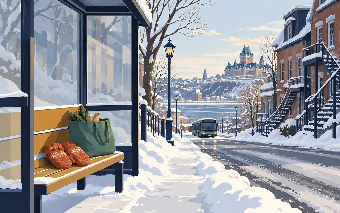 Two terracotta mittens and a green shopping bag on a snowy Quebec City bus shelter bench.