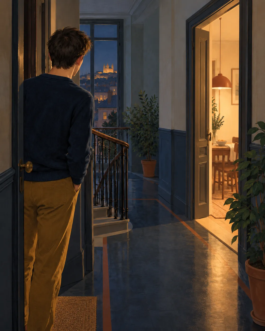 A neighbour looks into a dark corridor towards Madame Vidal’s open door.