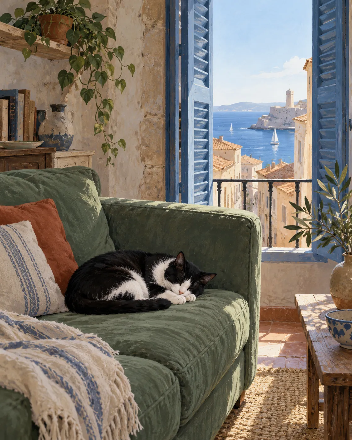Câlin, a black-and-white cat, sleeps on a green sofa.