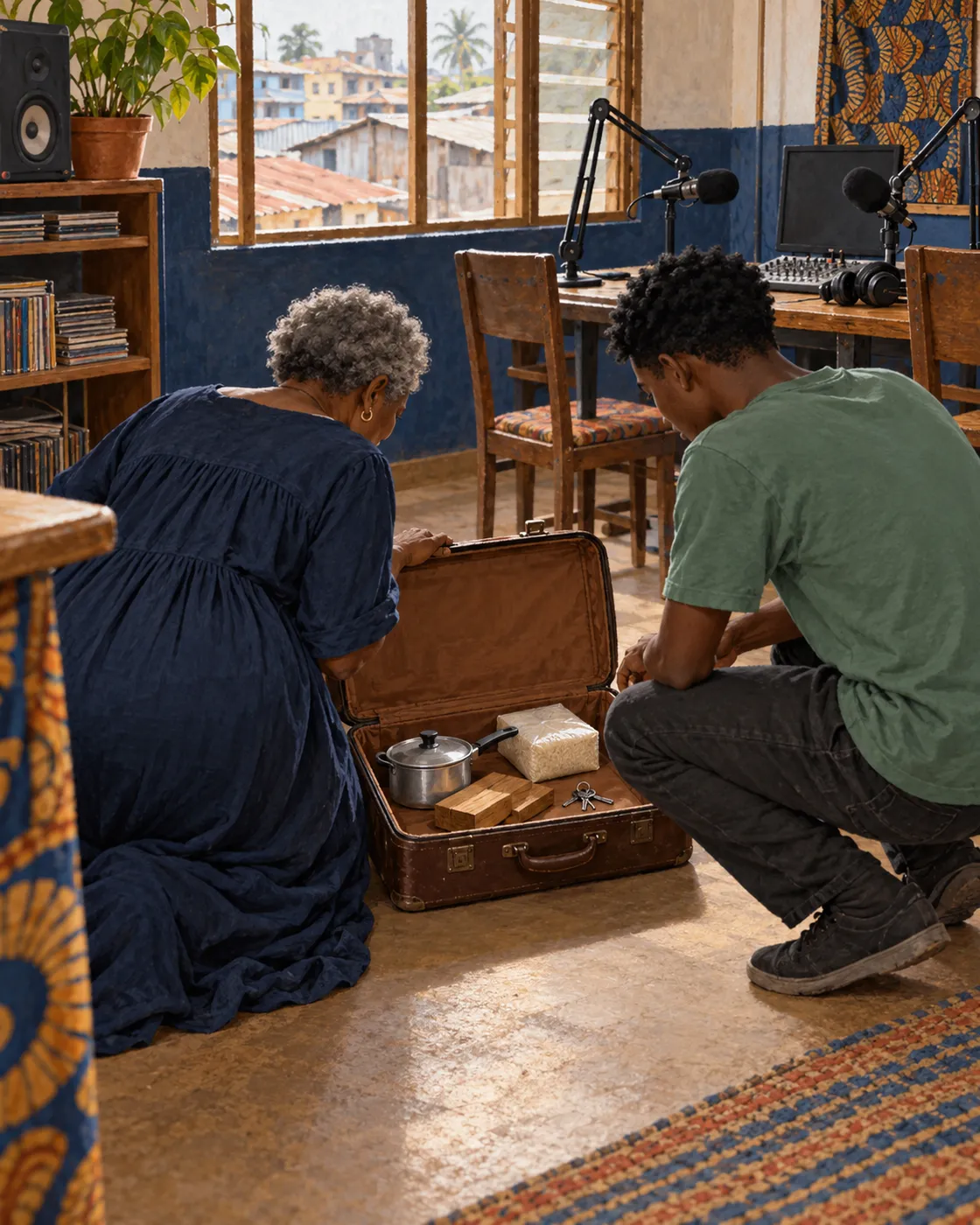 An older woman and a young assistant look into a suitcase of sound props in a Douala radio studio.