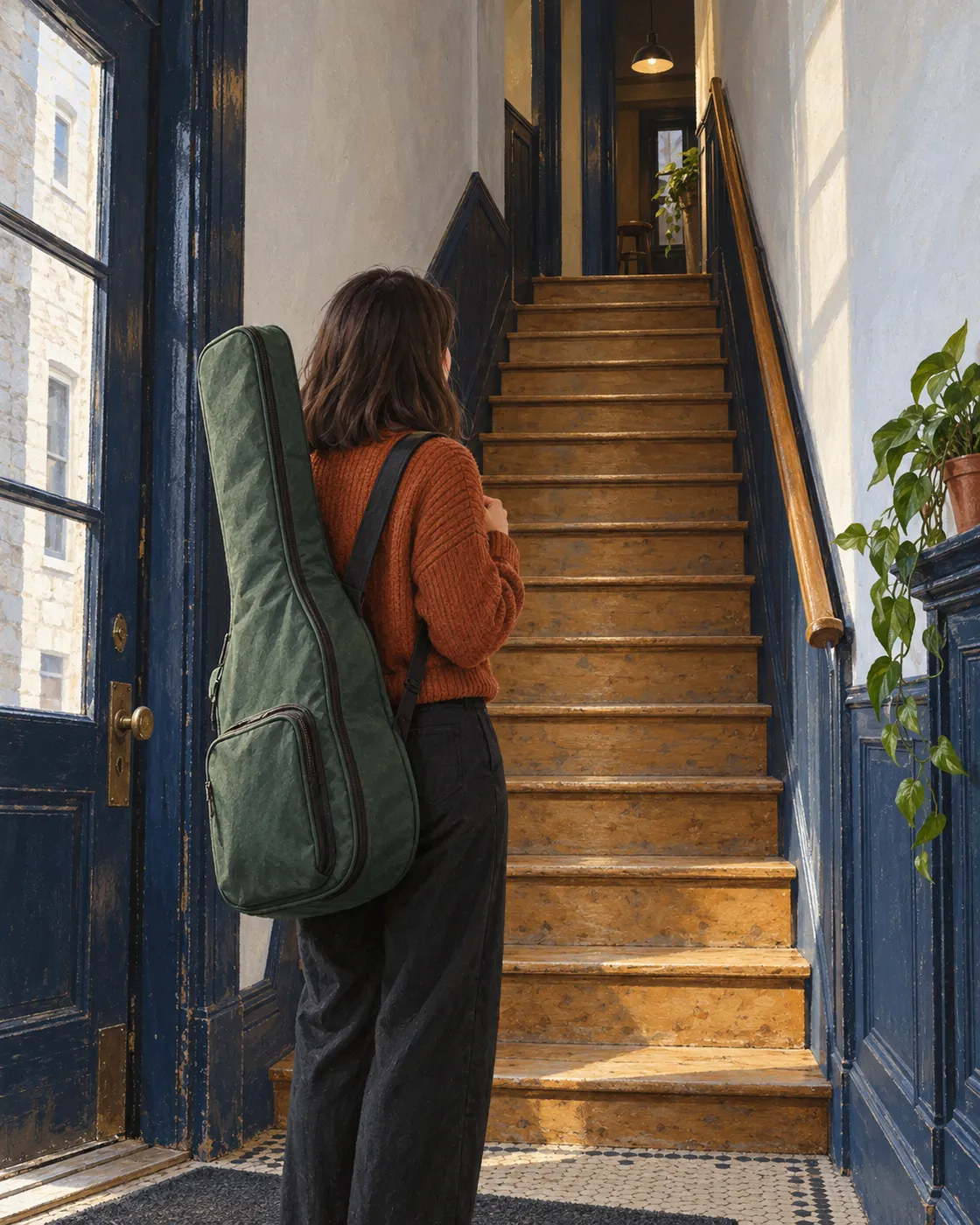 A young musician with a green guitar case pauses by the stairs to an upstairs venue in Quebec City.