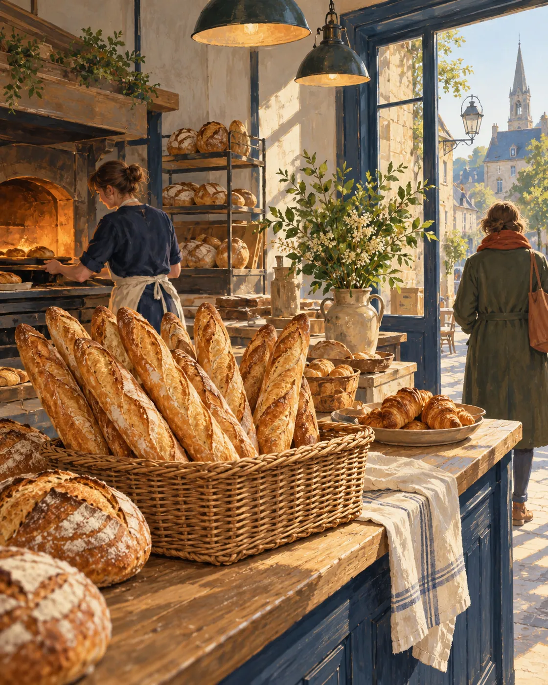 Golden baguettes in a wicker basket on a French bakery counter.