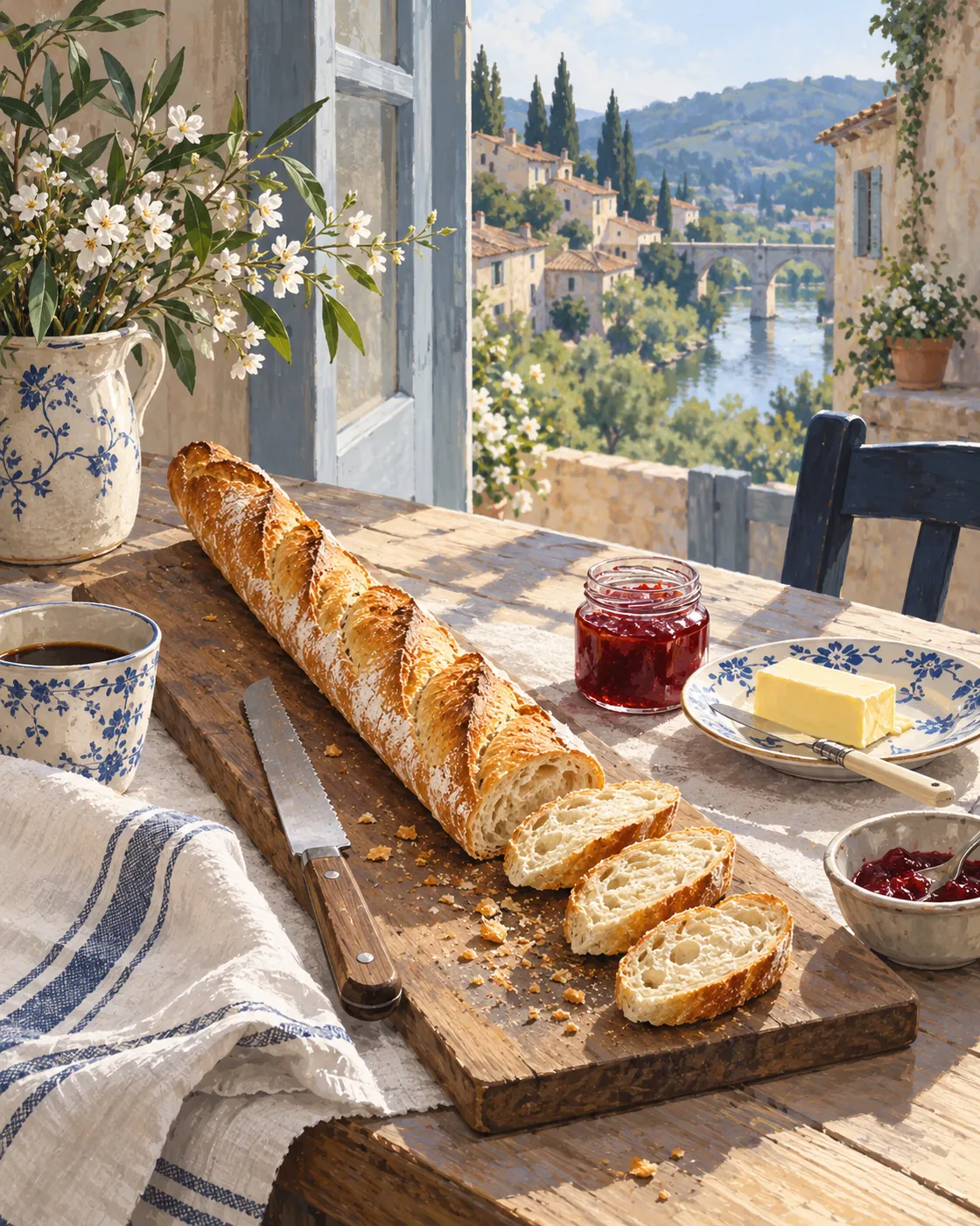 Slices of a long baguette with butter and red jam on a breakfast table.