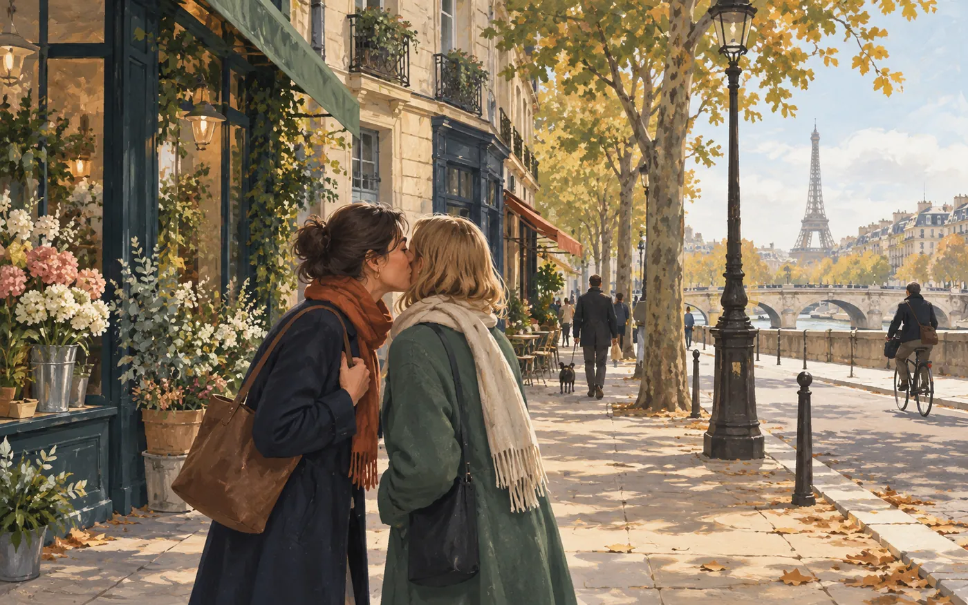 Two friends exchange a cheek kiss on a Paris pavement.