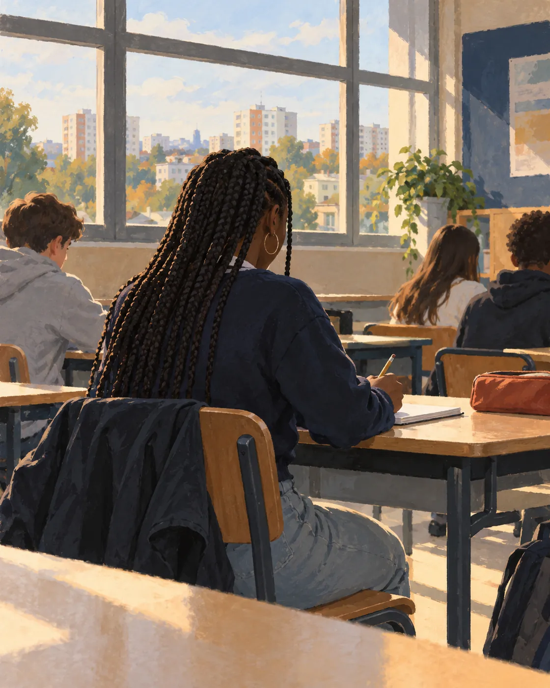 Aya, seen from behind at a school desk, writes in a notebook.