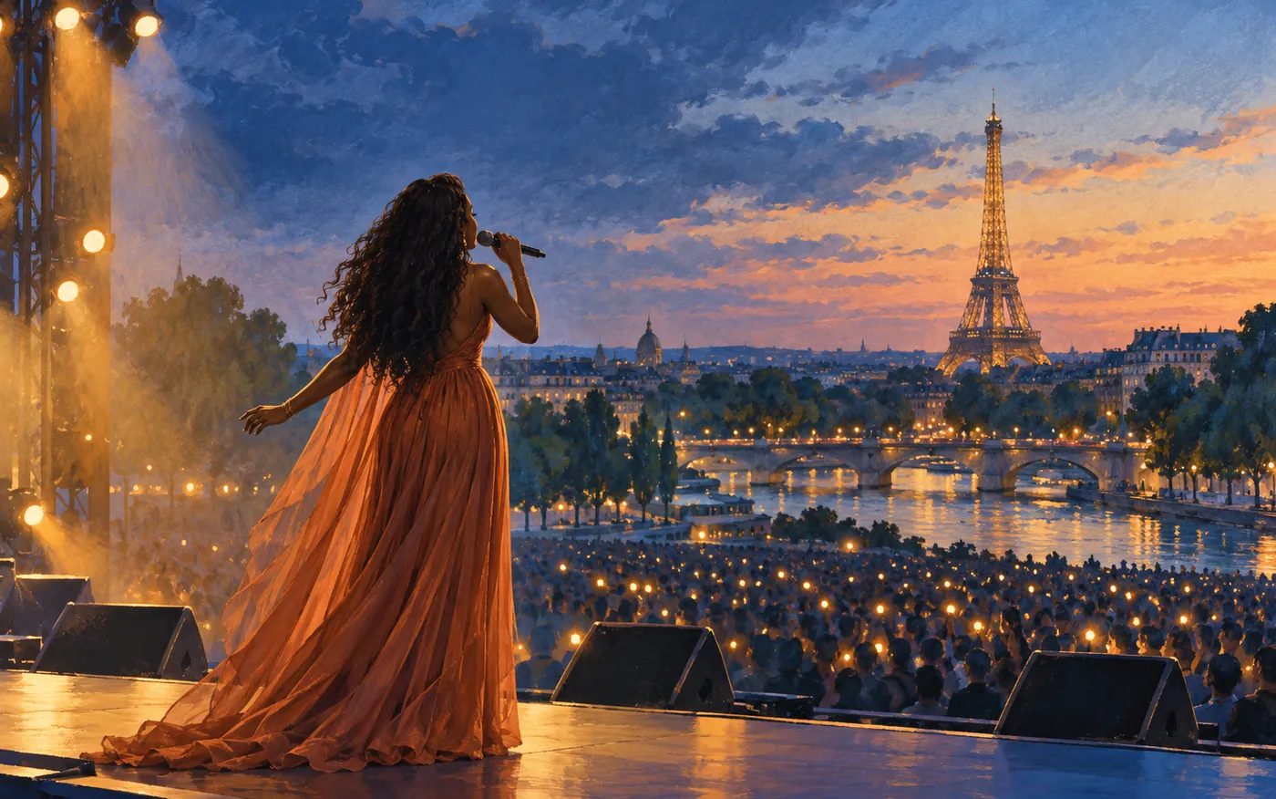 A singer performs with the Eiffel Tower in the distance.