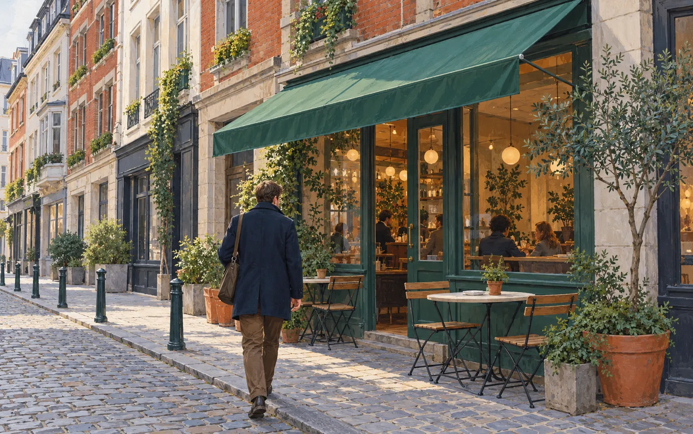 A male traveller approaches a small Brussels café near a station.