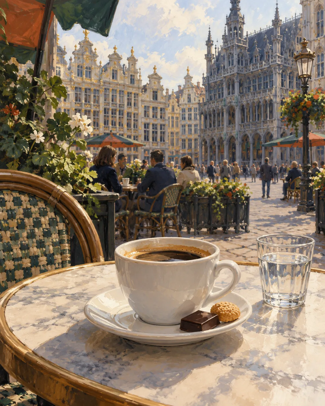 A cup of coffee with a chocolate, biscuit and small glass of water.