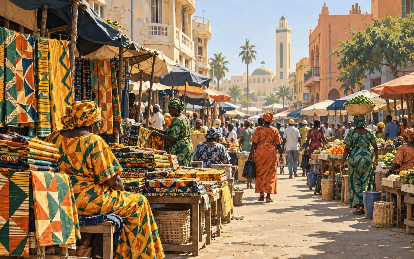 Wax fabrics and vendors on a sunlit street at Sandaga market in Dakar.