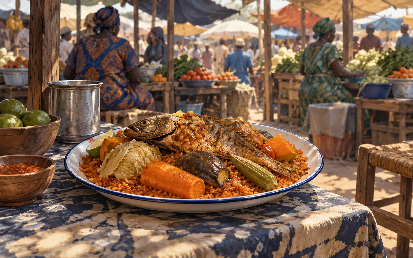 A plate of rice, fish and vegetables at Sandaga market.