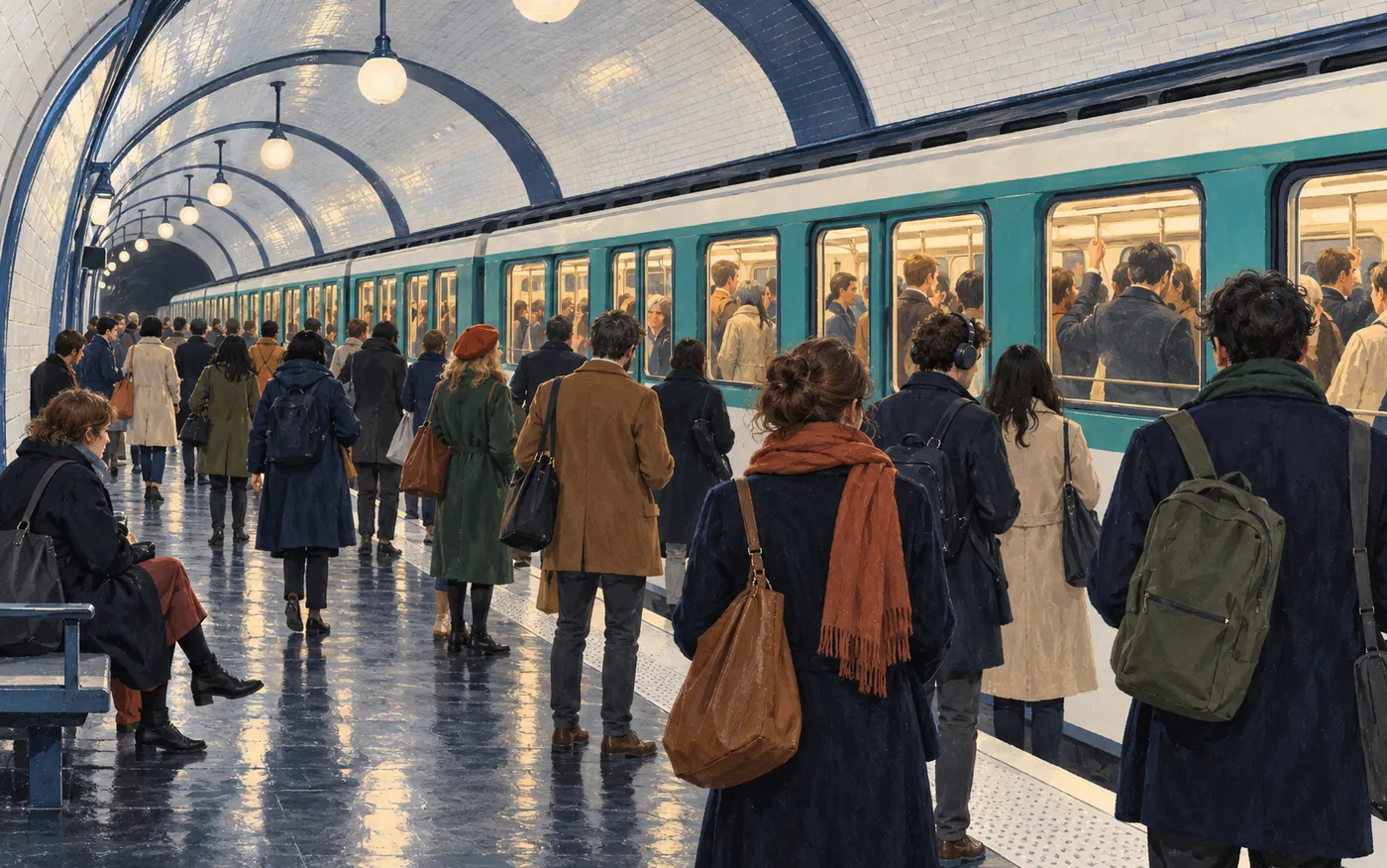 Commuters wait beside a crowded Paris metro train.