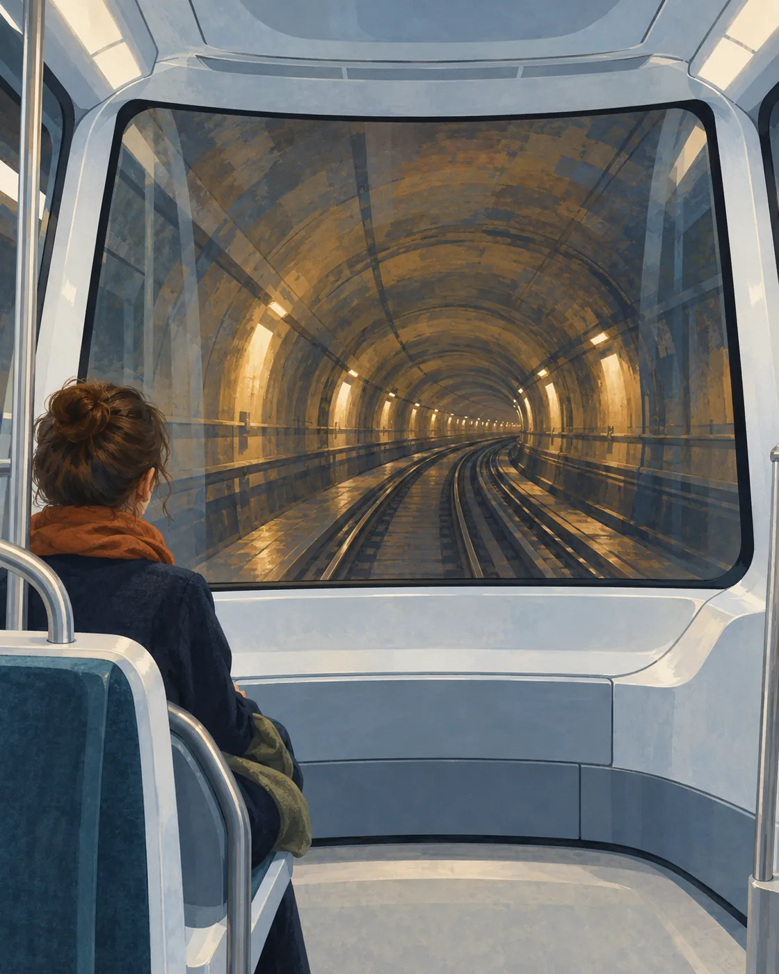 A passenger looks through the front window of a driverless metro train.