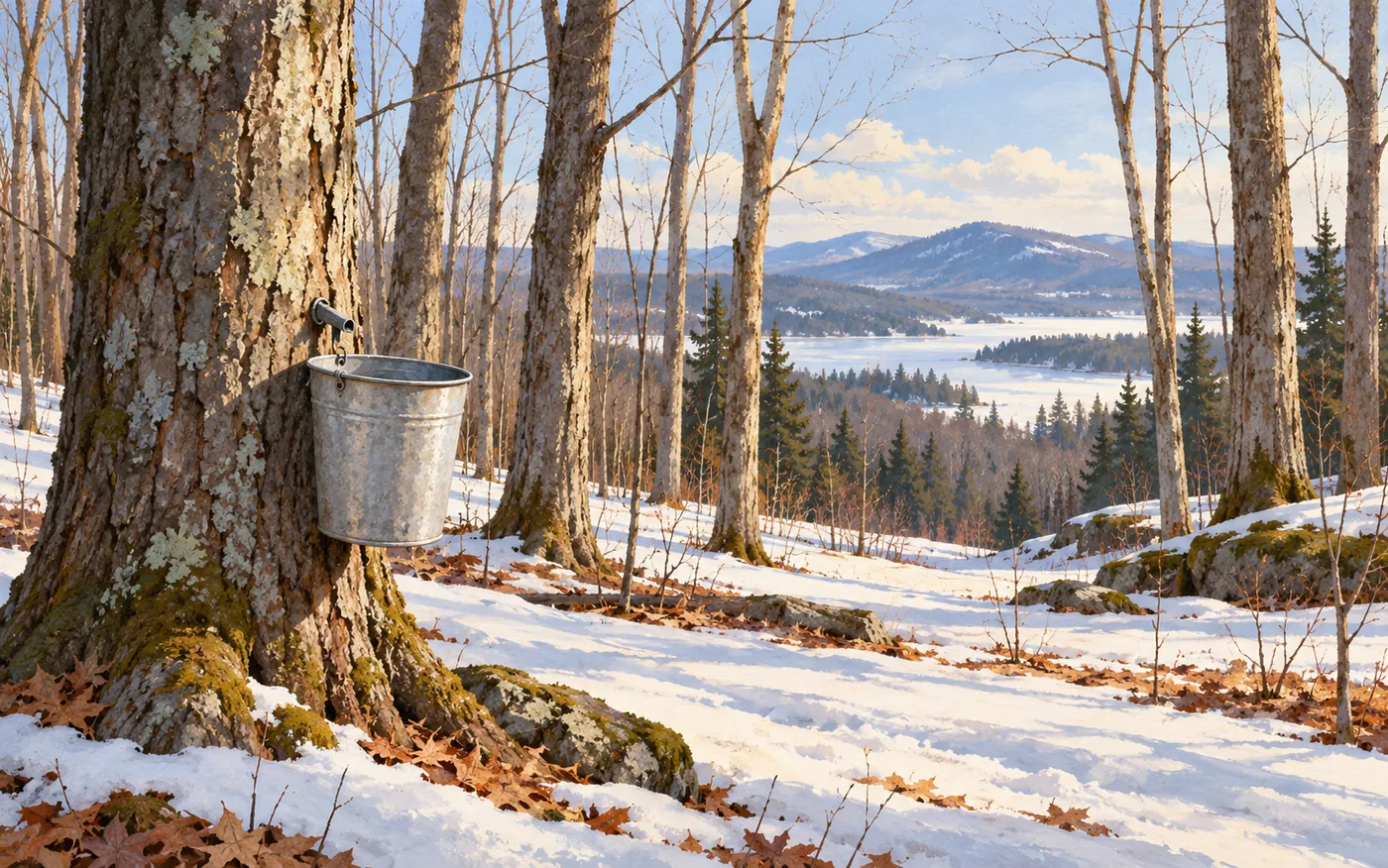 A sap bucket hangs from a maple tree in a snowy Québec grove.