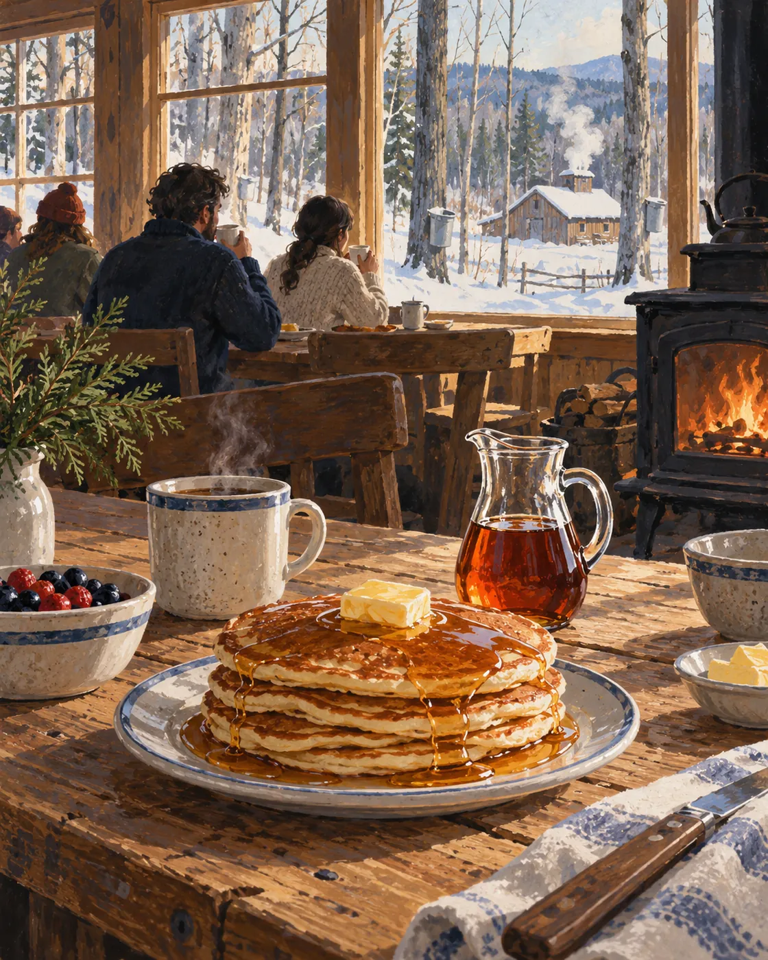 Pancakes with maple syrup on a wooden breakfast table.