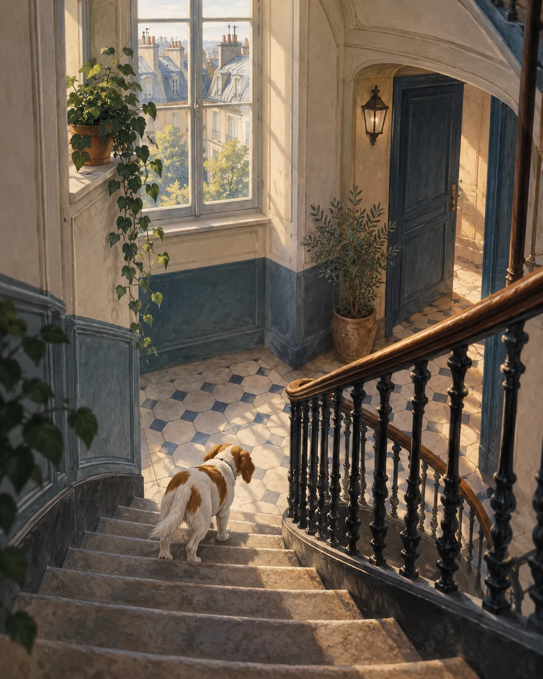 Roméo, a small white-and-brown dog, goes downstairs alone.
