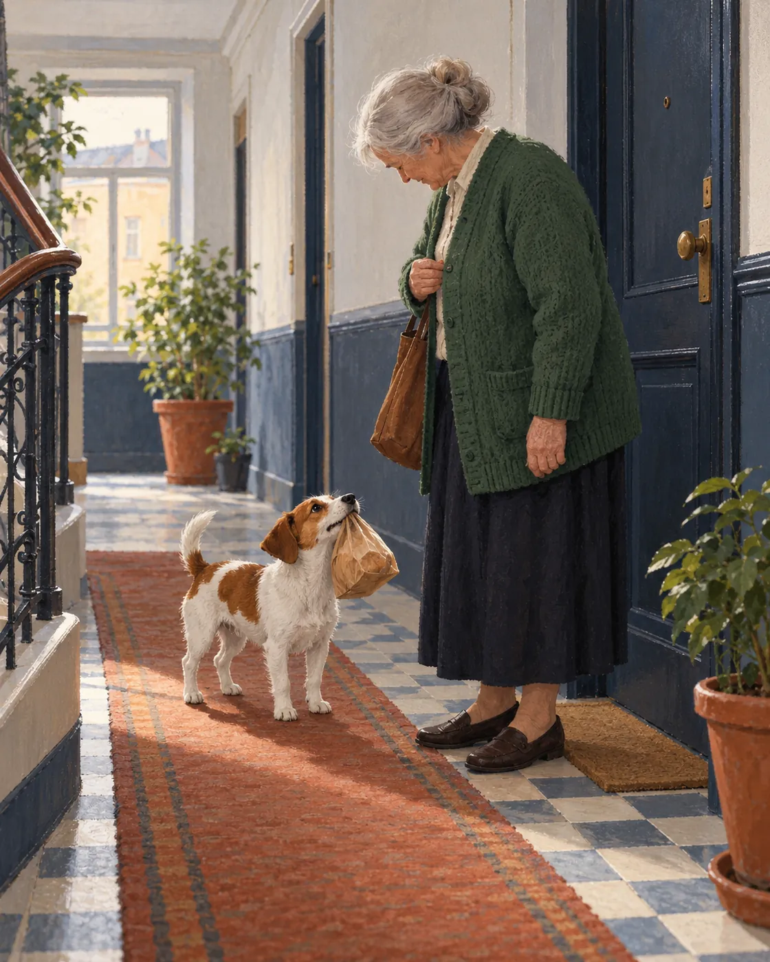Roméo carries a bread bag beside Madame Lefèvre in the hallway.