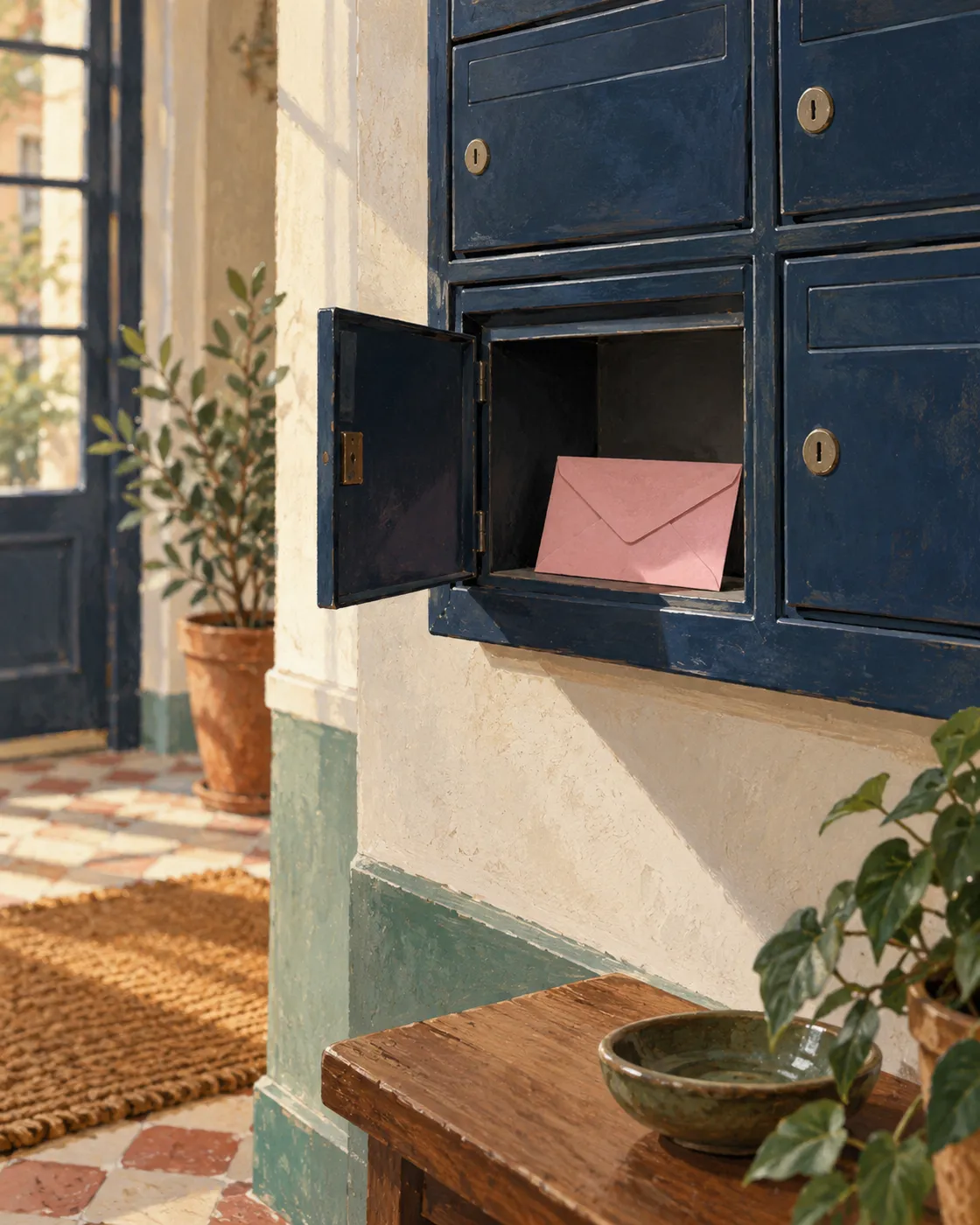 A small pink envelope in an open apartment letterbox.
