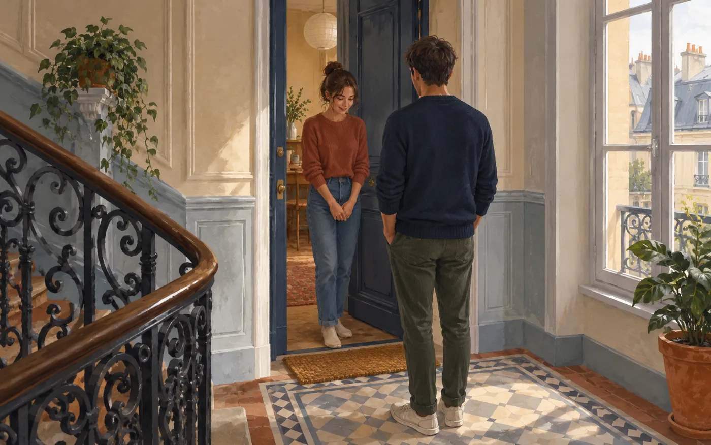 Léa lowers her eyes while greeting her neighbour in the hallway.