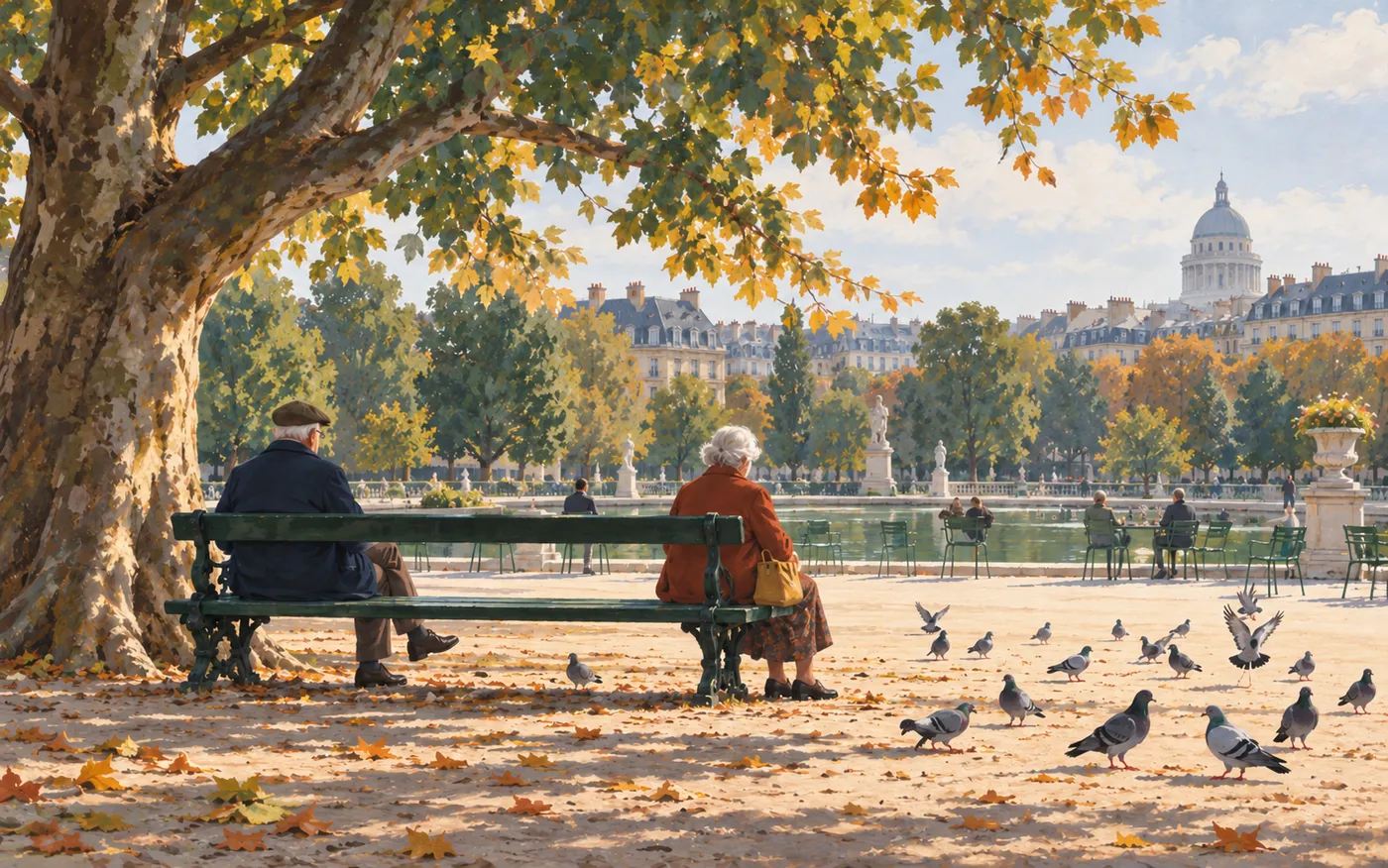 An elderly man and woman sit apart on a park bench with pigeons nearby.