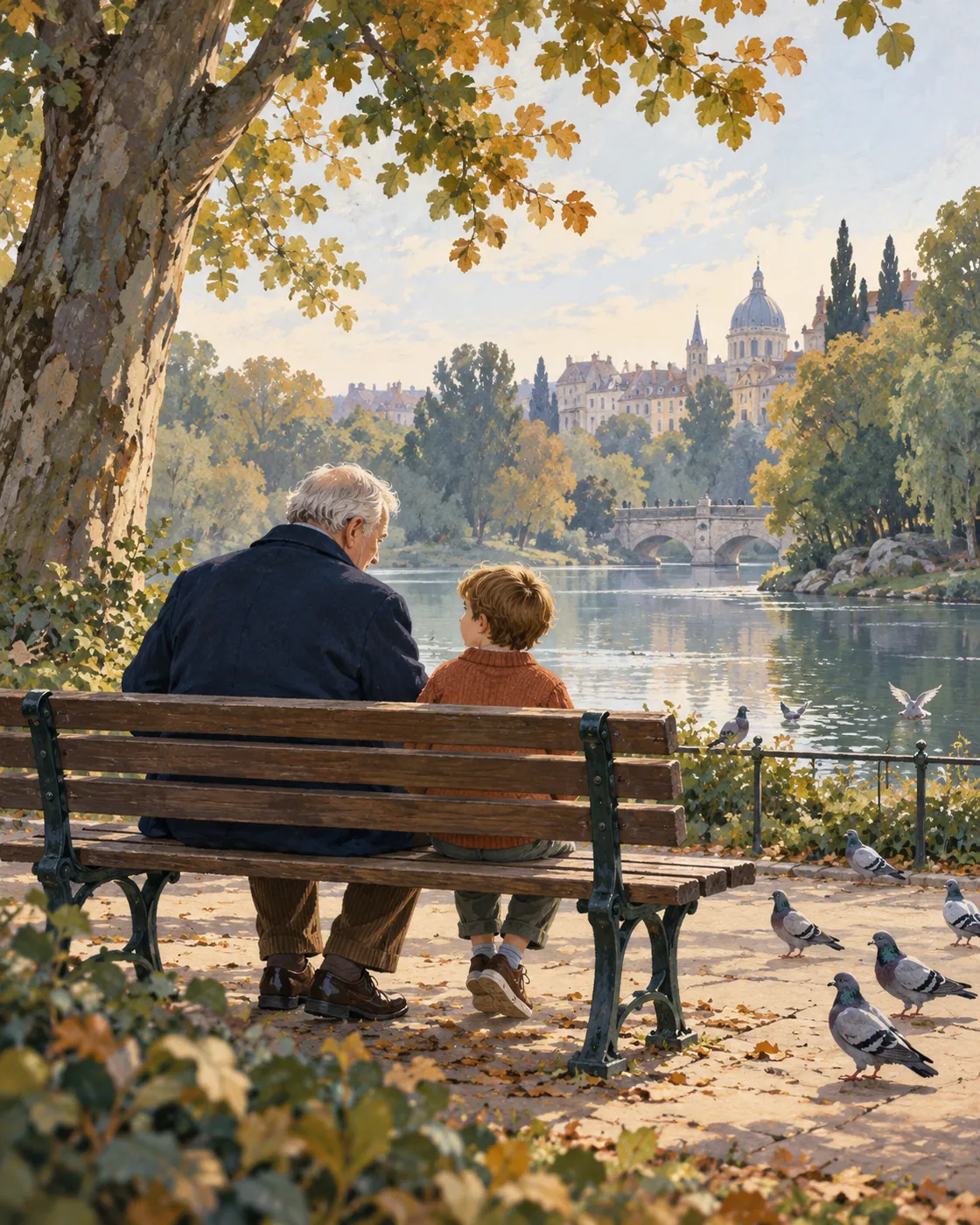 A grandfather talks quietly with his grandchild on a park bench.