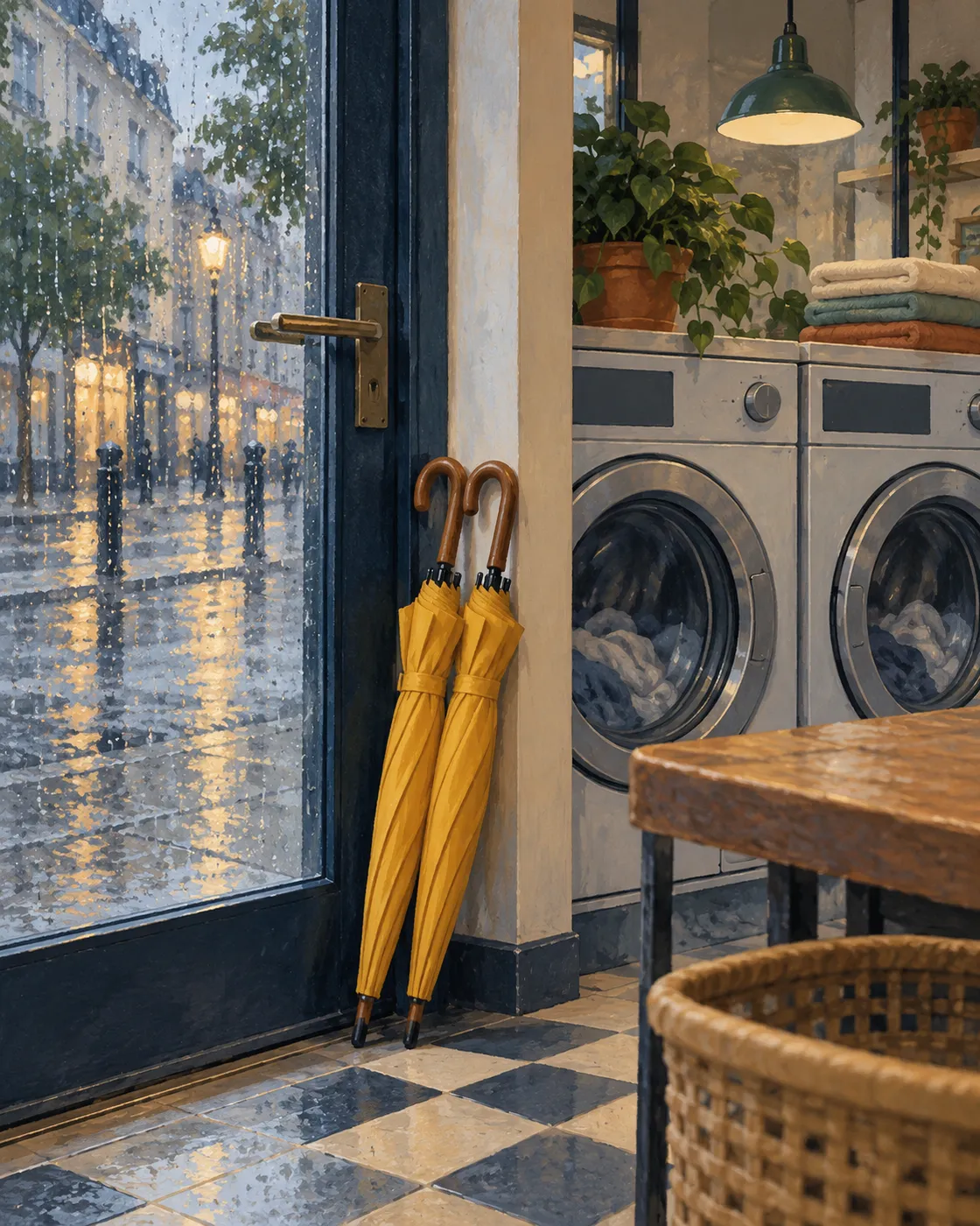 Two identical yellow umbrellas stand beside a laundrette door.