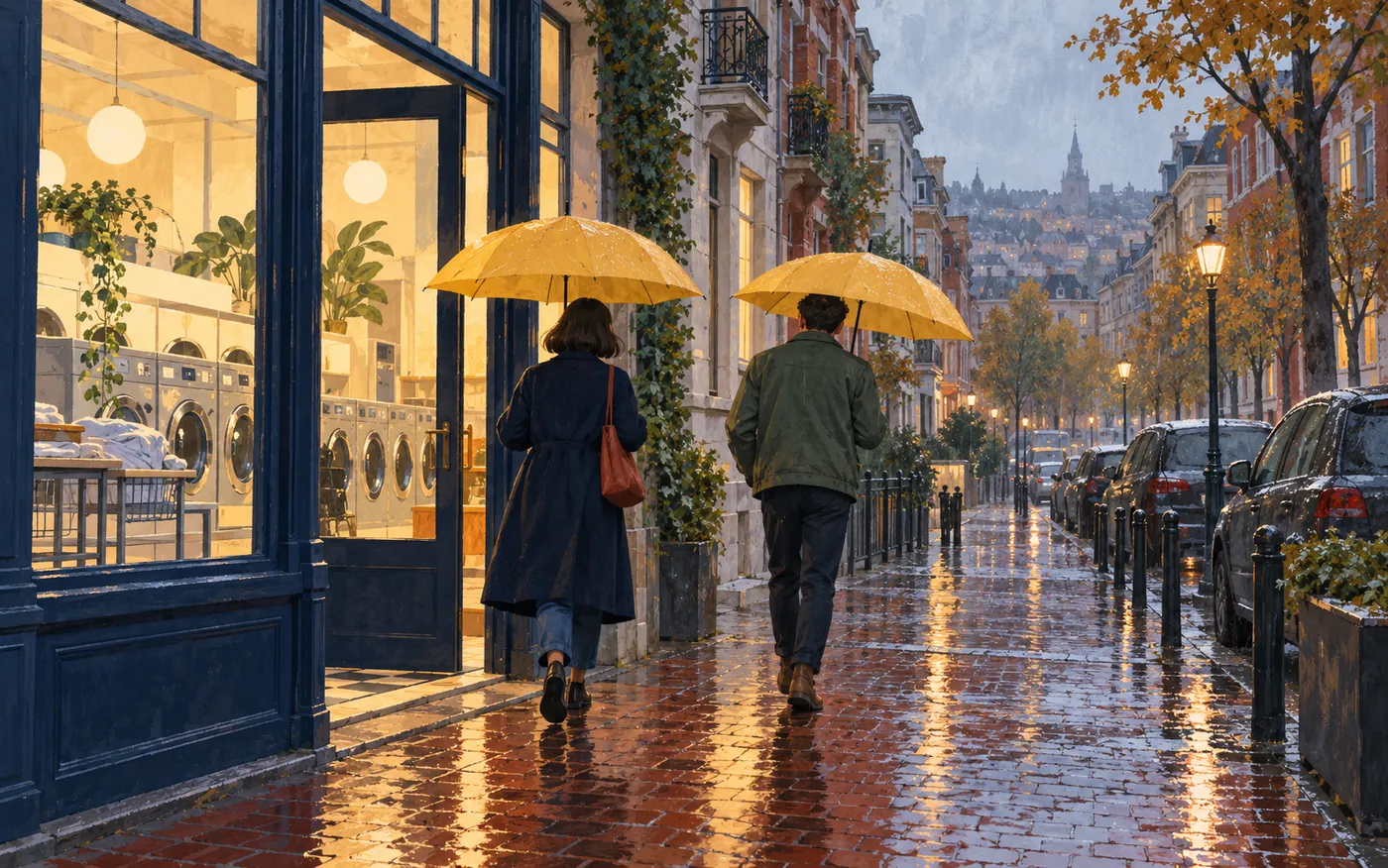 Nora and a man walk into the Brussels rain with yellow umbrellas.