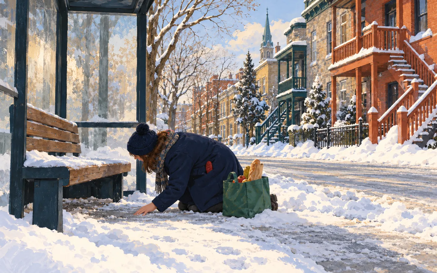 Élise searches beneath a bus-stop bench in snowy Limoilou.
