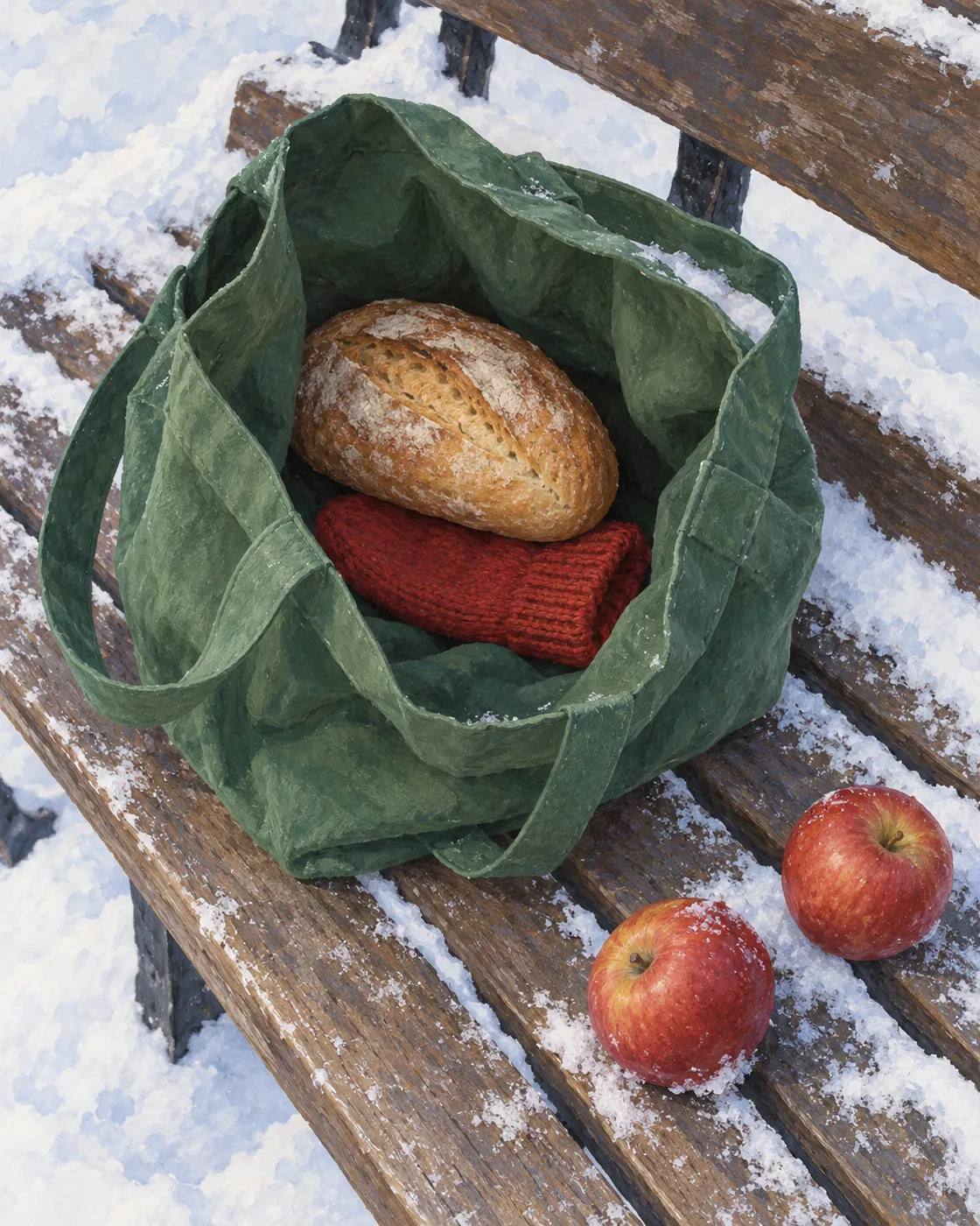 A red mitten lies beneath bread in an open green grocery bag.