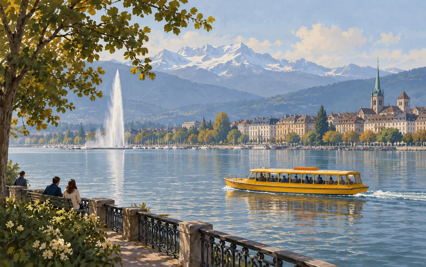 A small yellow passenger ferry crosses Geneva harbour.